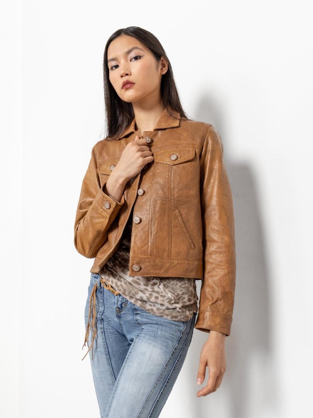 BROWN LEATHER JACKET Small Jean Jacket Coat Vintage Y2K